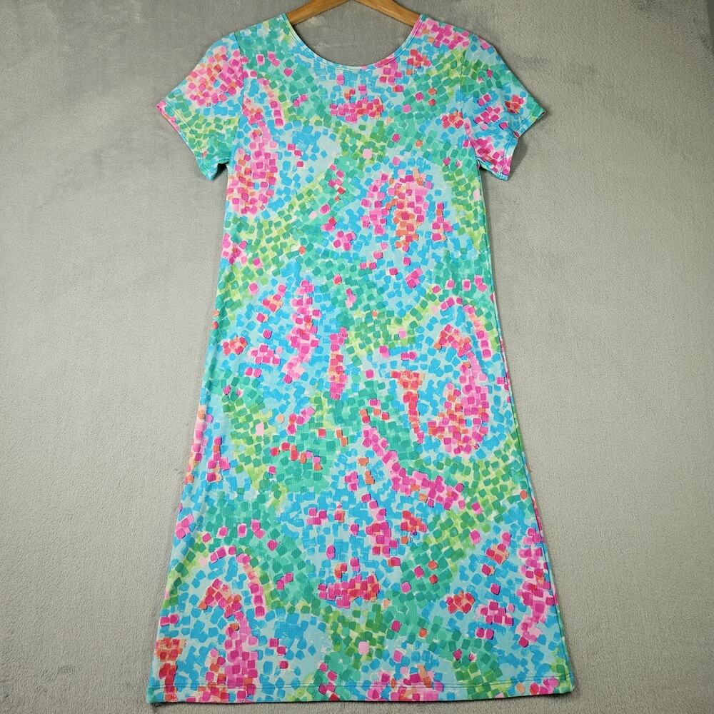 Sea Waves T Shirt Dress Womens Sz S Blue Pink Knee Length Beach Summer Vacation - Picture 8 of 10